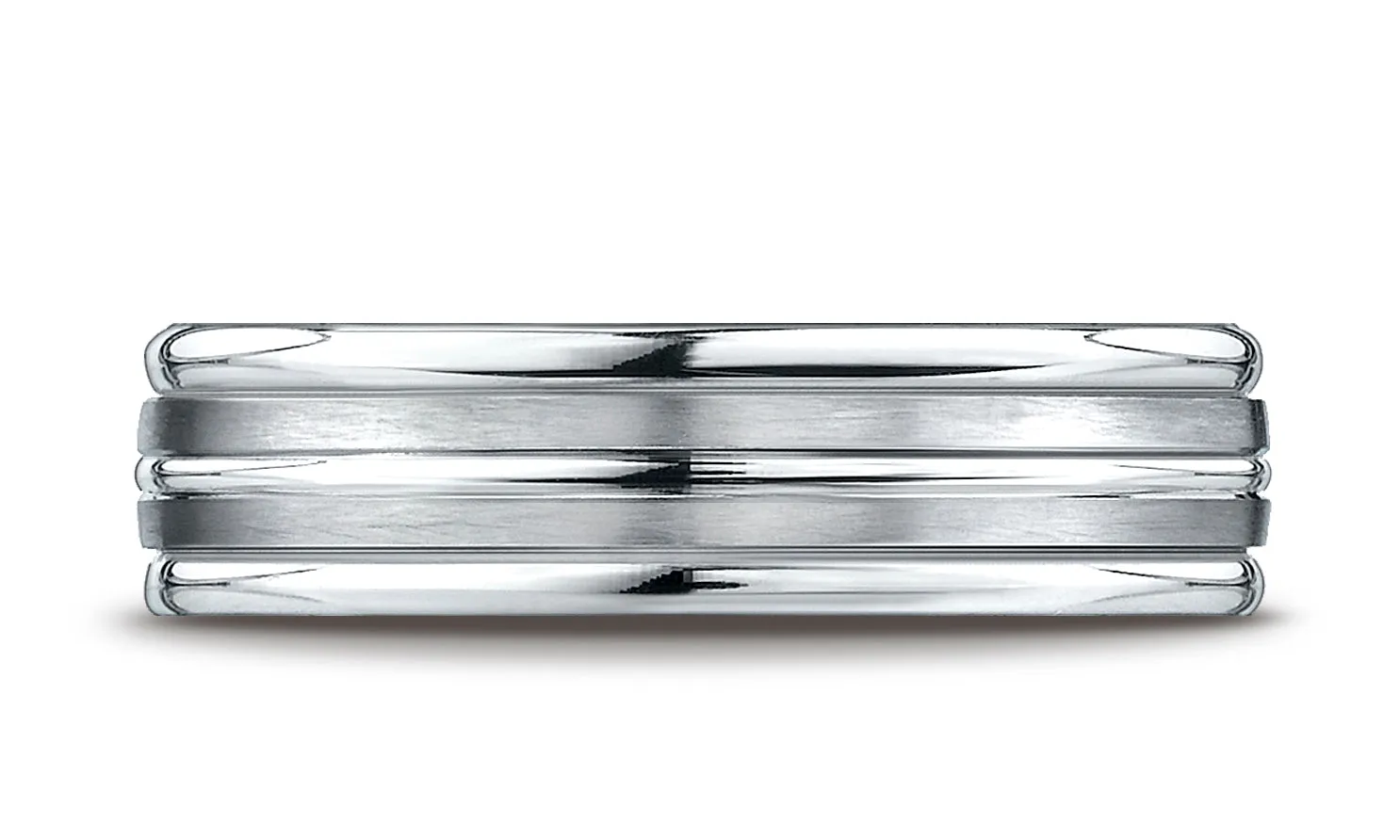 Benchmark 18K White Gold 6mm Comfort-Fit with High Polish Center Trim and Round Edge Carved Design Ring