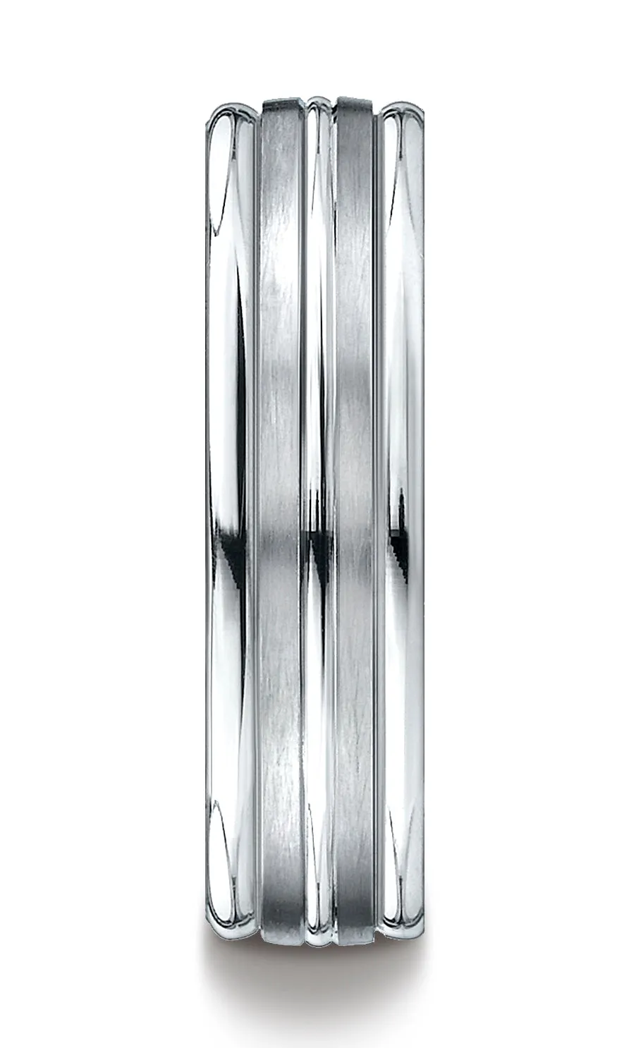 Benchmark 18K White Gold 6mm Comfort-Fit with High Polish Center Trim and Round Edge Carved Design Ring