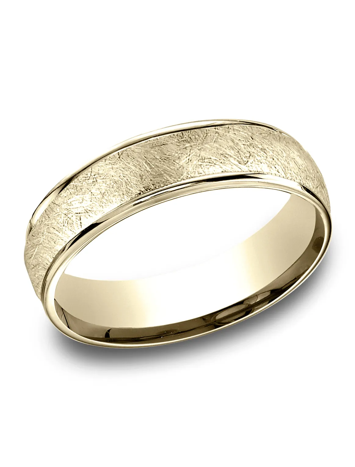 Benchmark 18K Yellow Gold 6.5mm Comfort-Fit Round Edge Swirl Finish Design Band, (Size 4-14)