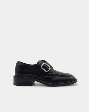 Black Leather Buckle Strap Loafer