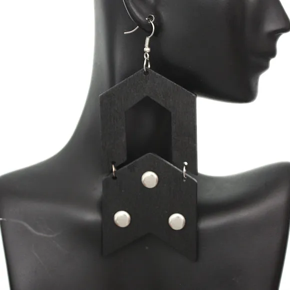 Black Wooden Open Geometric Link Earrings