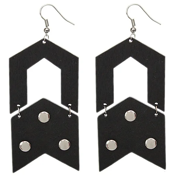 Black Wooden Open Geometric Link Earrings