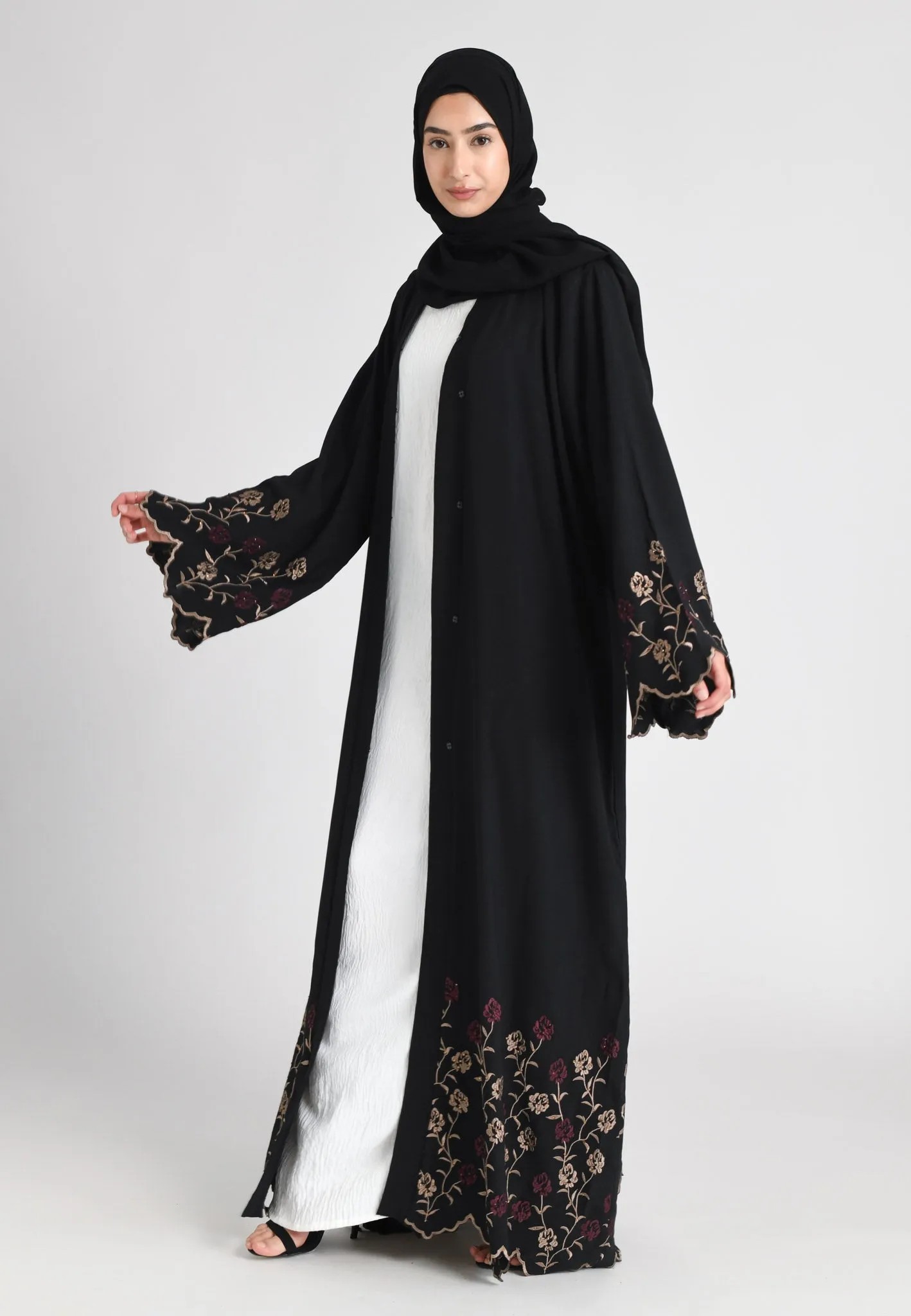 Blooming Roses Floral Embroidered Open Abaya