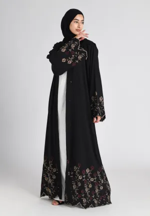 Blooming Roses Floral Embroidered Open Abaya