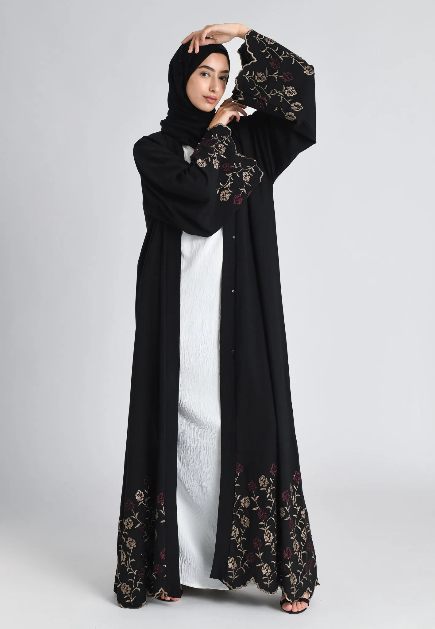 Blooming Roses Floral Embroidered Open Abaya