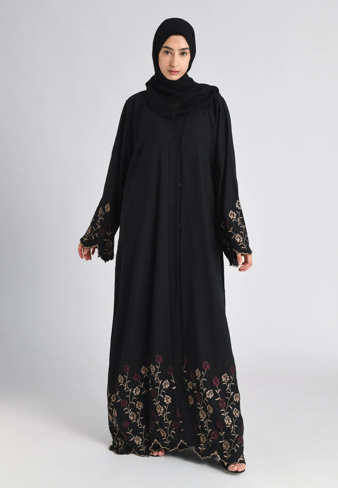 Blooming Roses Floral Embroidered Open Abaya