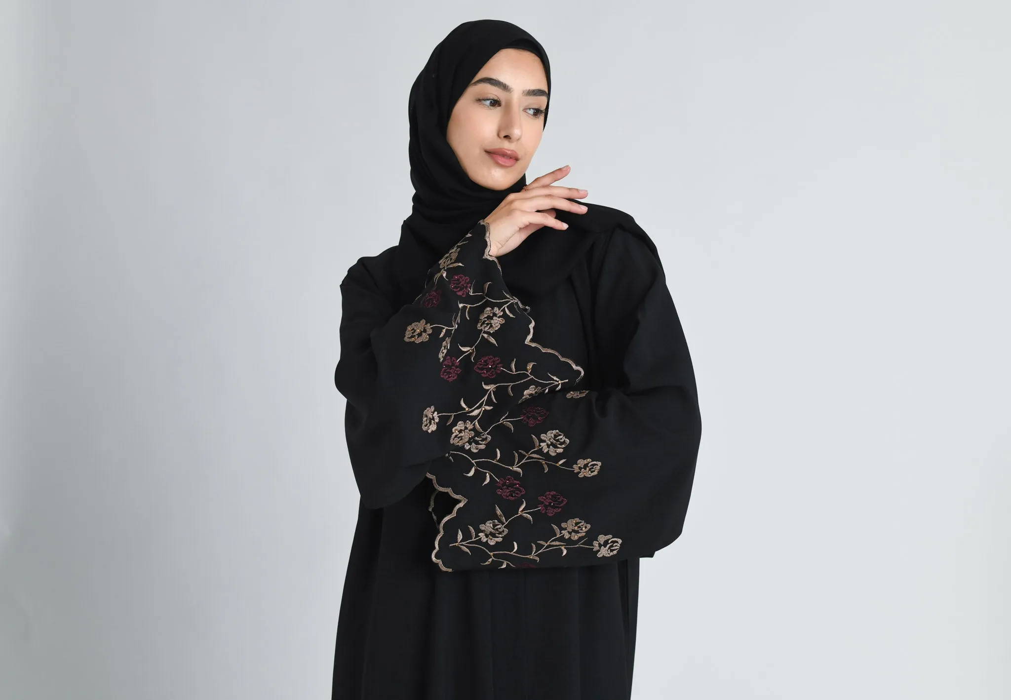 Blooming Roses Floral Embroidered Open Abaya