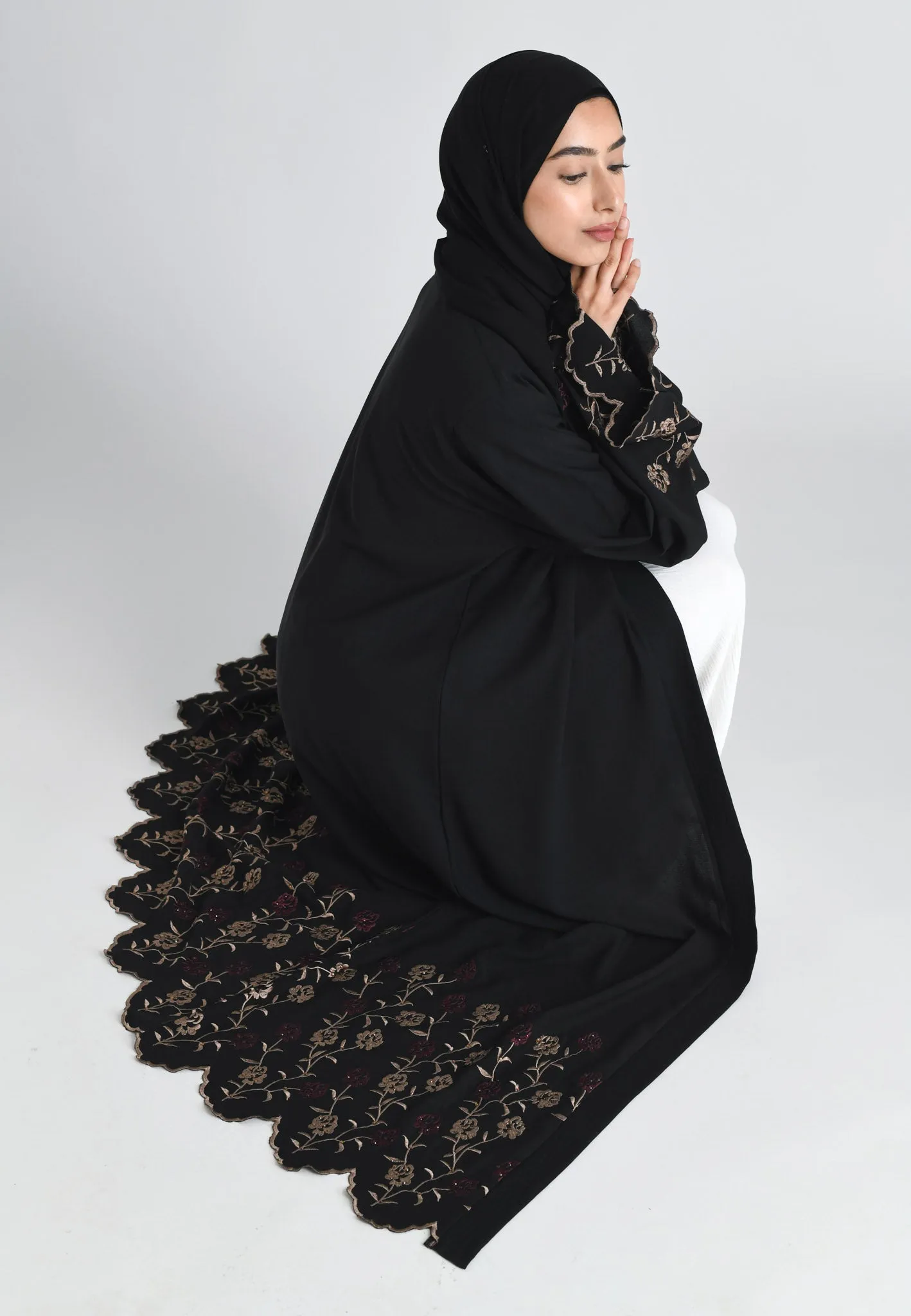 Blooming Roses Floral Embroidered Open Abaya