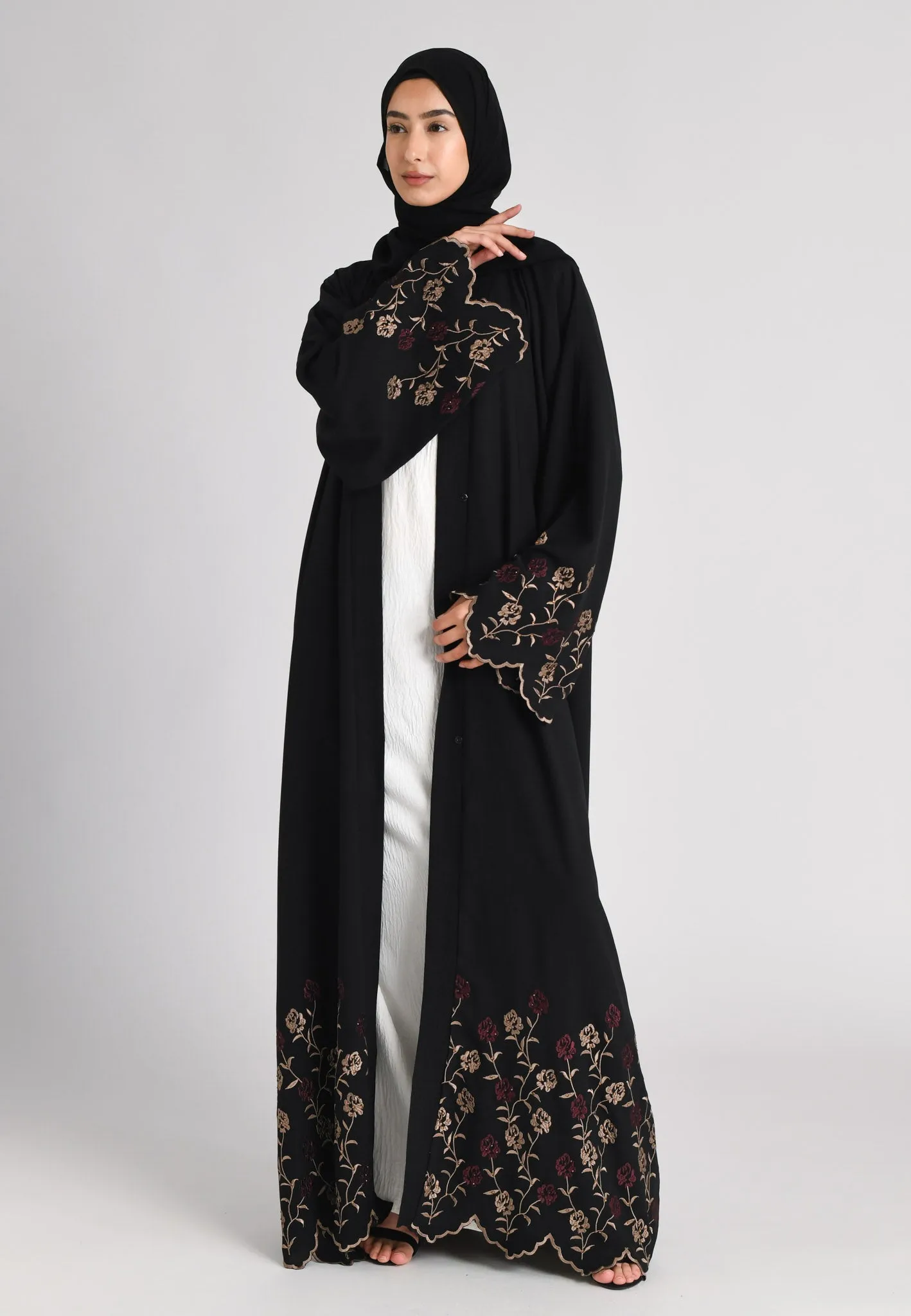 Blooming Roses Floral Embroidered Open Abaya