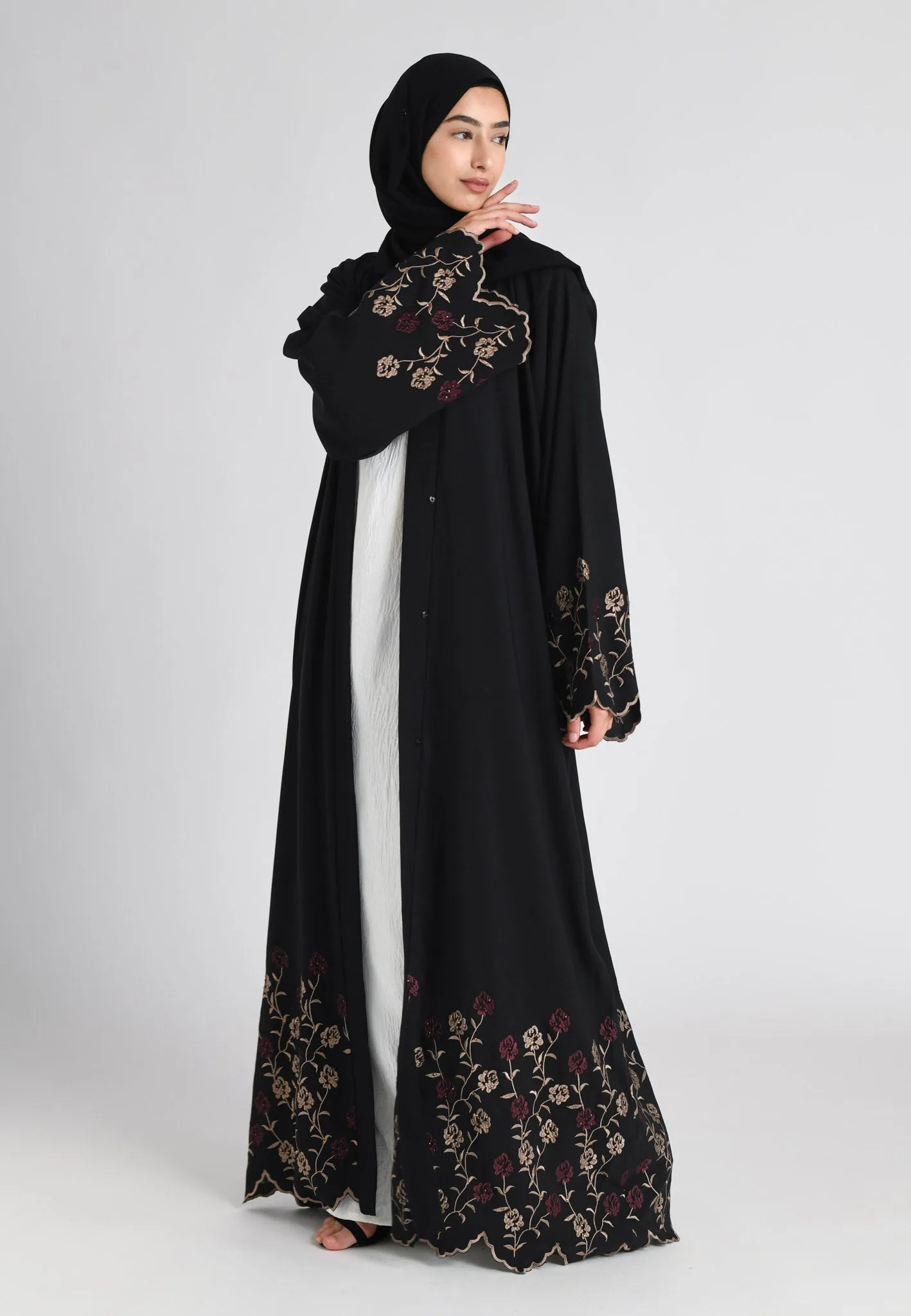 Blooming Roses Floral Embroidered Open Abaya