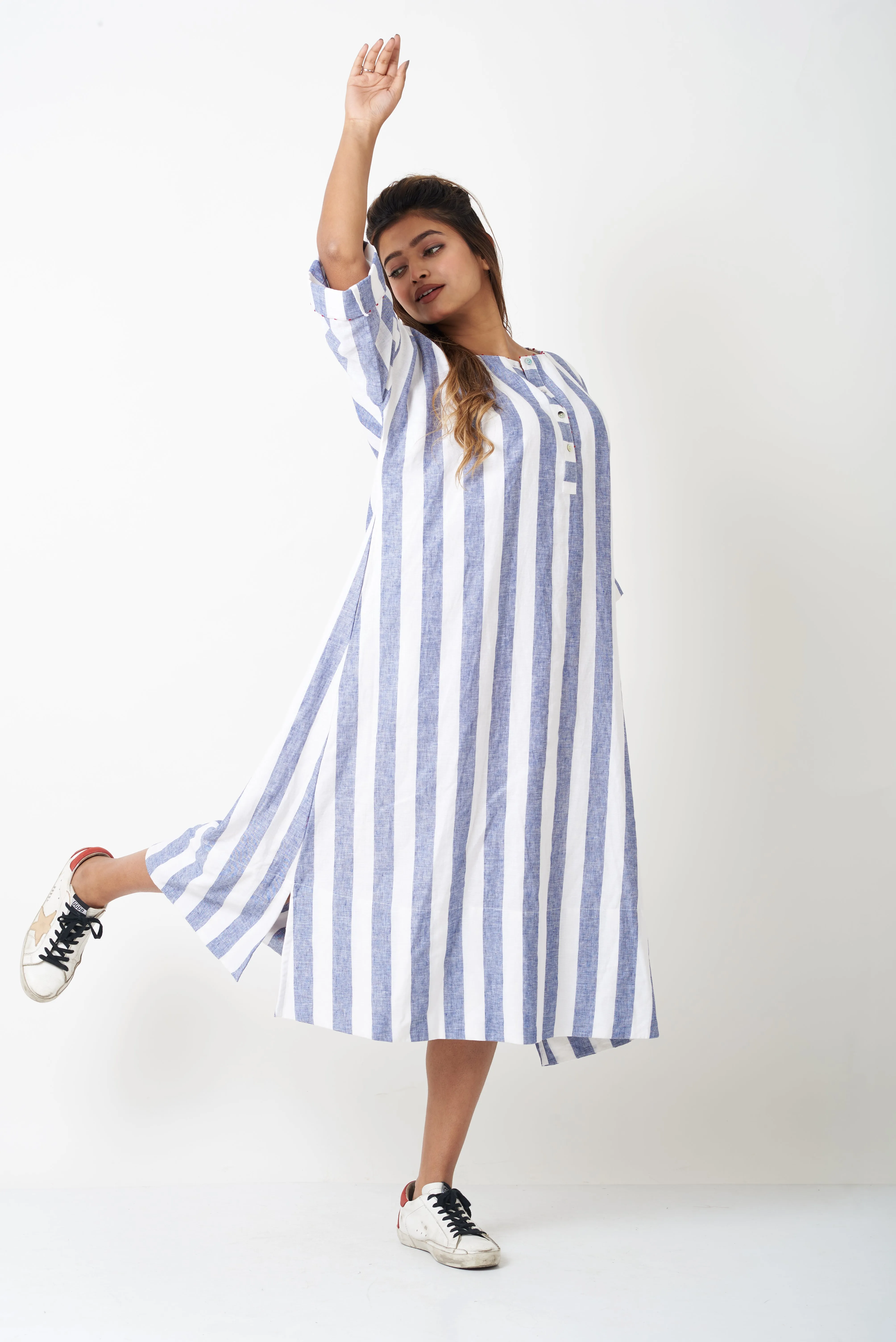 BLUE STRIPE LONG SHIRT DRESS