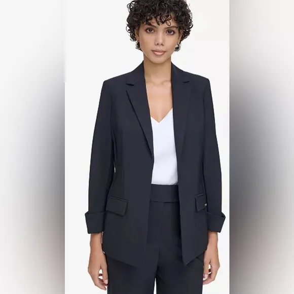 CALVIN KLEIN OPEN FRONT ROLLED-UP SLEEVES BLAZER WOMEN BLACK COLOR SIZE SMALL