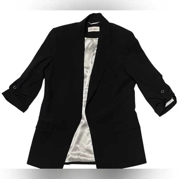 CALVIN KLEIN OPEN FRONT ROLLED-UP SLEEVES BLAZER WOMEN BLACK COLOR SIZE SMALL