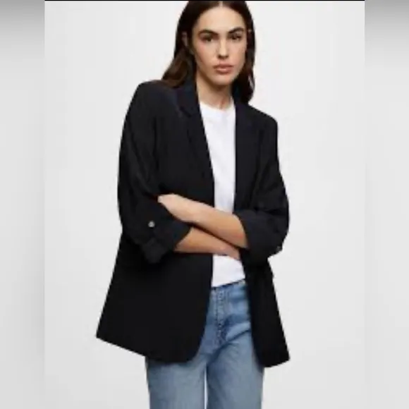 CALVIN KLEIN OPEN FRONT ROLLED-UP SLEEVES BLAZER WOMEN BLACK COLOR SIZE SMALL