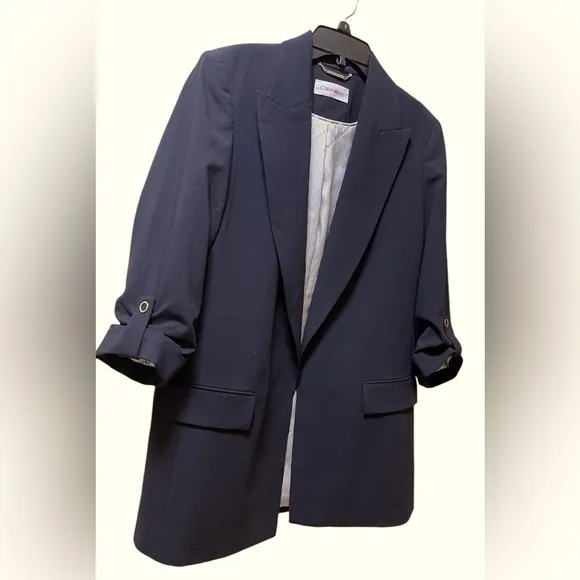 CALVIN KLEIN OPEN FRONT ROLLED-UP SLEEVES BLAZER WOMEN BLACK COLOR SIZE SMALL