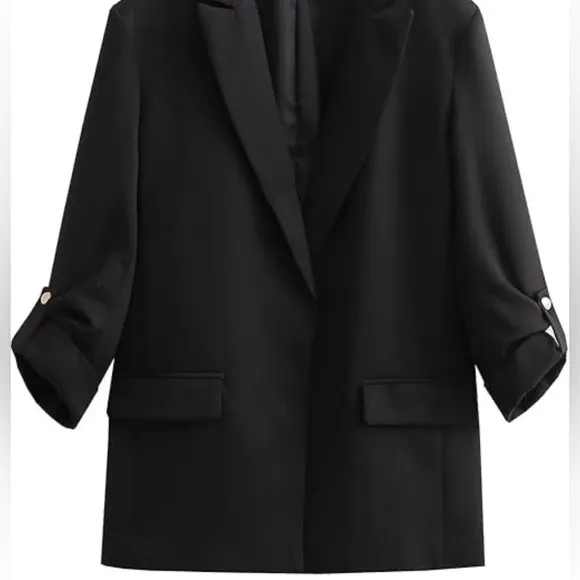 CALVIN KLEIN OPEN FRONT ROLLED-UP SLEEVES BLAZER WOMEN BLACK COLOR SIZE SMALL