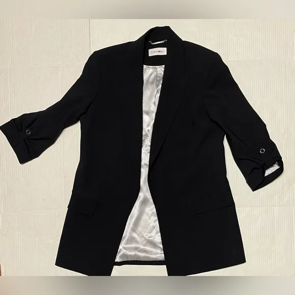CALVIN KLEIN OPEN FRONT ROLLED-UP SLEEVES BLAZER WOMEN BLACK COLOR SIZE SMALL