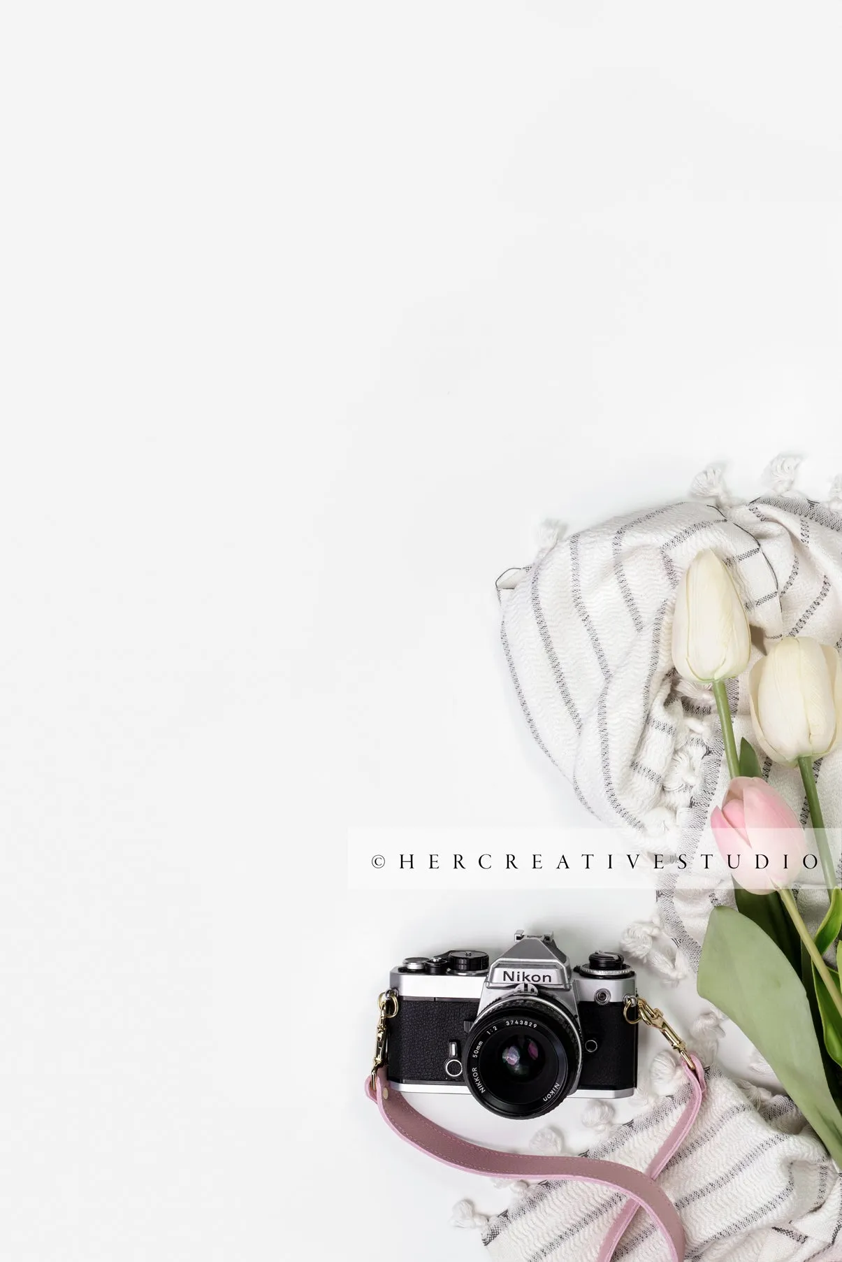 Camera & Tulips on White Background, Styled Image