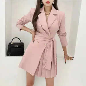 Casual Spring Autumn Fashion V-Neck blazer Long Sleeve Pleated Woman Blazer mini formal office elegant Women Dress