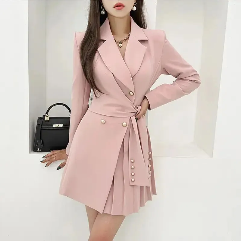 Casual Spring Autumn Fashion V-Neck blazer Long Sleeve Pleated Woman Blazer mini formal office elegant Women Dress