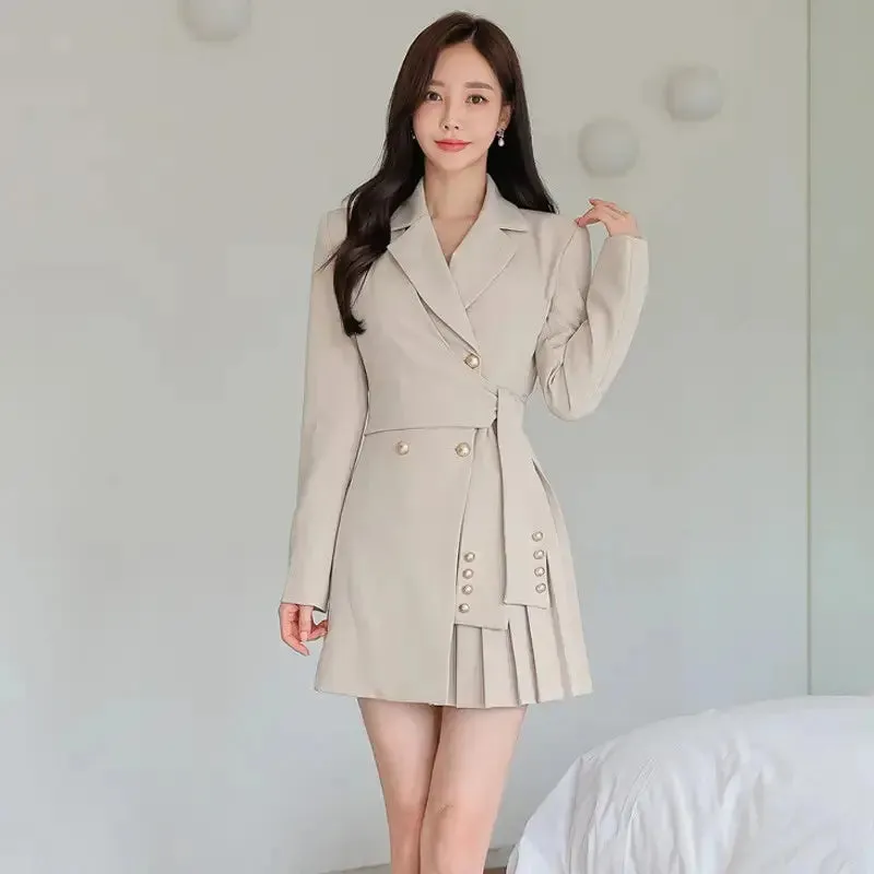 Casual Spring Autumn Fashion V-Neck blazer Long Sleeve Pleated Woman Blazer mini formal office elegant Women Dress