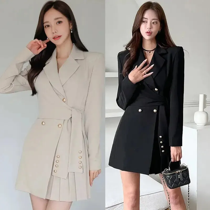 Casual Spring Autumn Fashion V-Neck blazer Long Sleeve Pleated Woman Blazer mini formal office elegant Women Dress