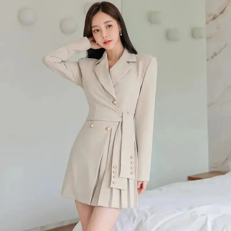 Casual Spring Autumn Fashion V-Neck blazer Long Sleeve Pleated Woman Blazer mini formal office elegant Women Dress