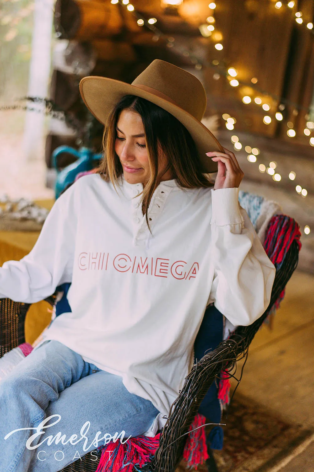 Chi Omega White Long Sleeve Henley