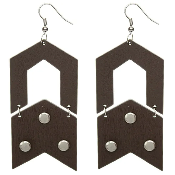 Dark Brown Wooden Open Geometric Link Earrings
