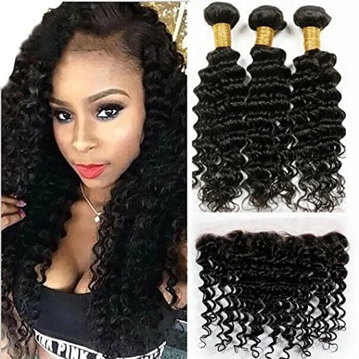 Deep Wave Brazilian Hair Bundles with HD Lace 13×4 Lace Frontal PLP05