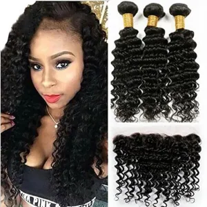 Deep Wave Brazilian Hair Bundles with HD Lace 13×4 Lace Frontal PLP05