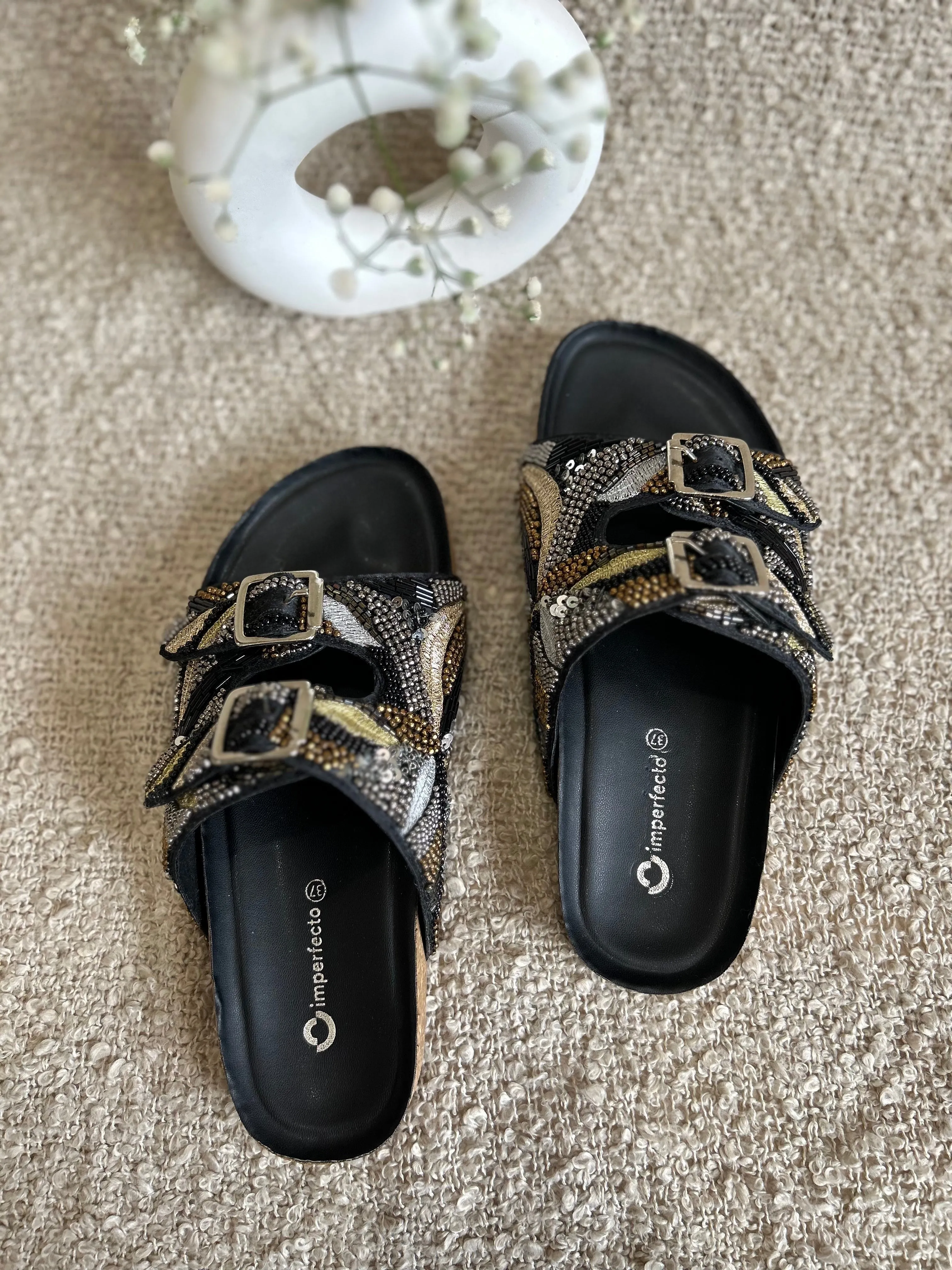 Embroidery Alia Slides - Black