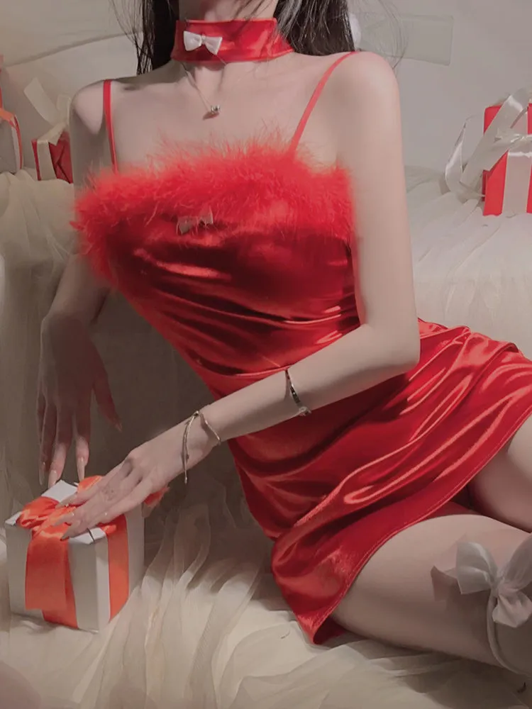 Feather Trim Satin Slip Dress