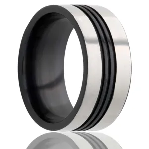 Flat Zirconium Ring with Three Grooves