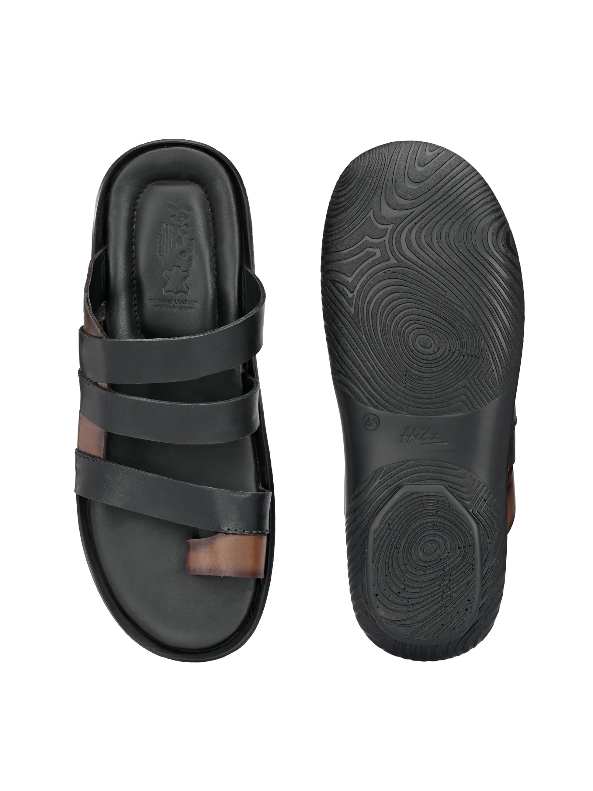 Hitz Men's Black Leather Open Toe Indoor Outdoor Comfort Slippers