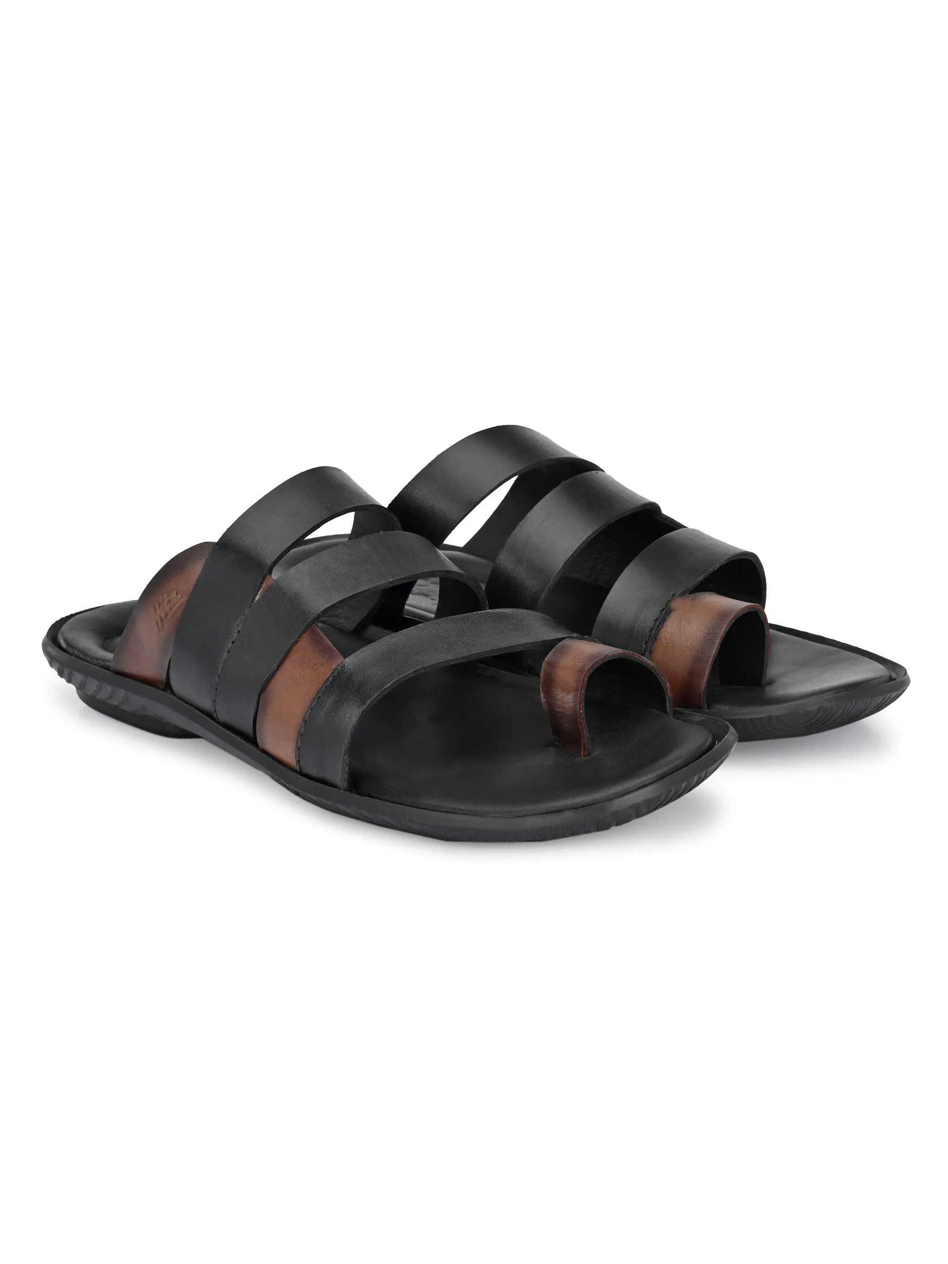 Hitz Men's Black Leather Open Toe Indoor Outdoor Comfort Slippers