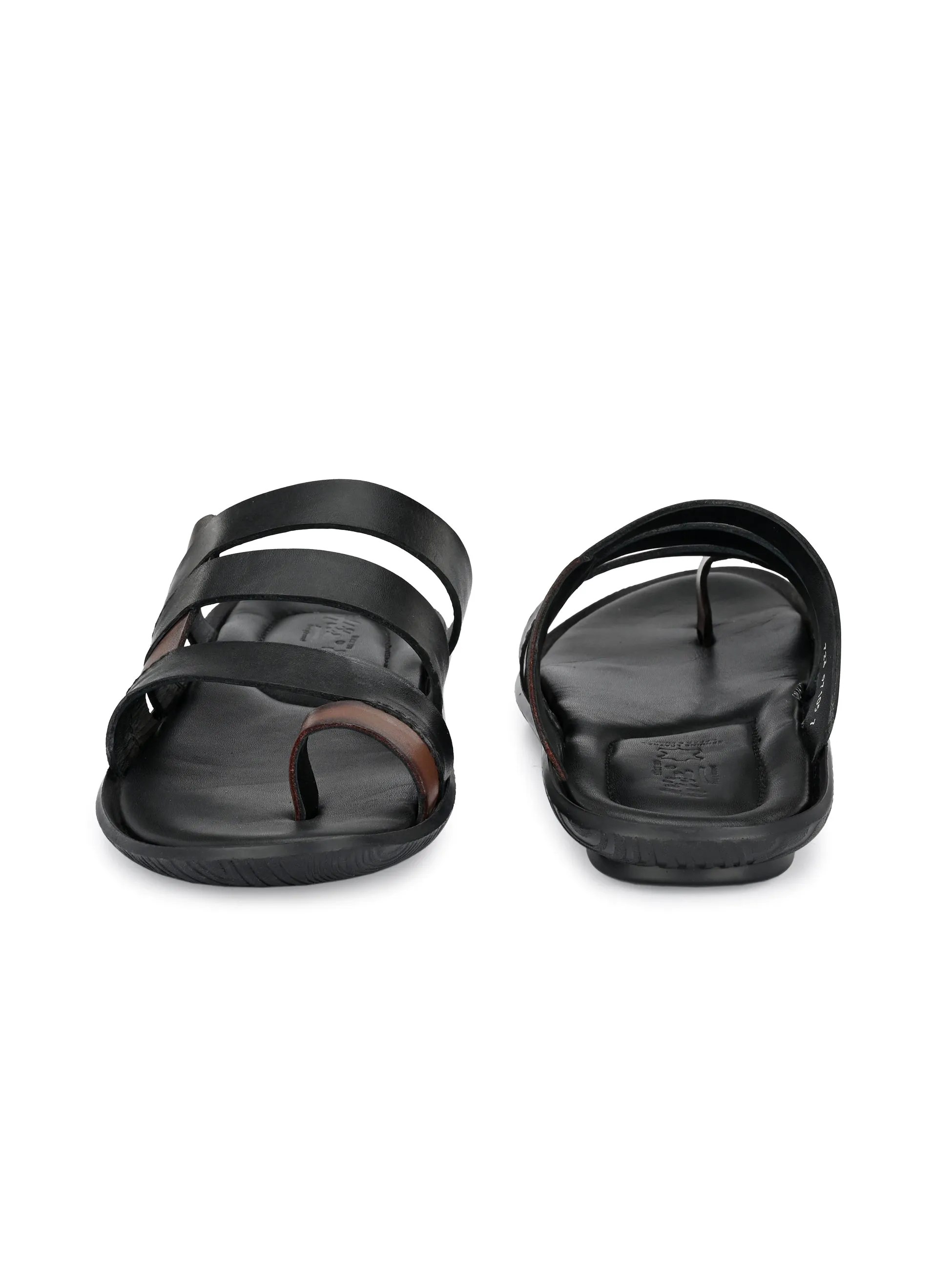 Hitz Men's Black Leather Open Toe Indoor Outdoor Comfort Slippers