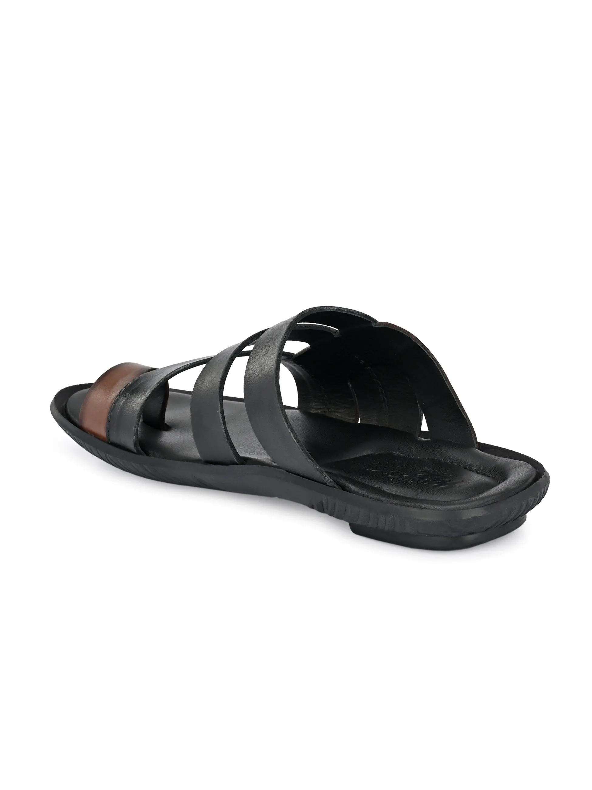 Hitz Men's Black Leather Open Toe Indoor Outdoor Comfort Slippers