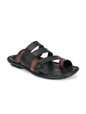 Hitz Men's Black Leather Open Toe Indoor Outdoor Comfort Slippers