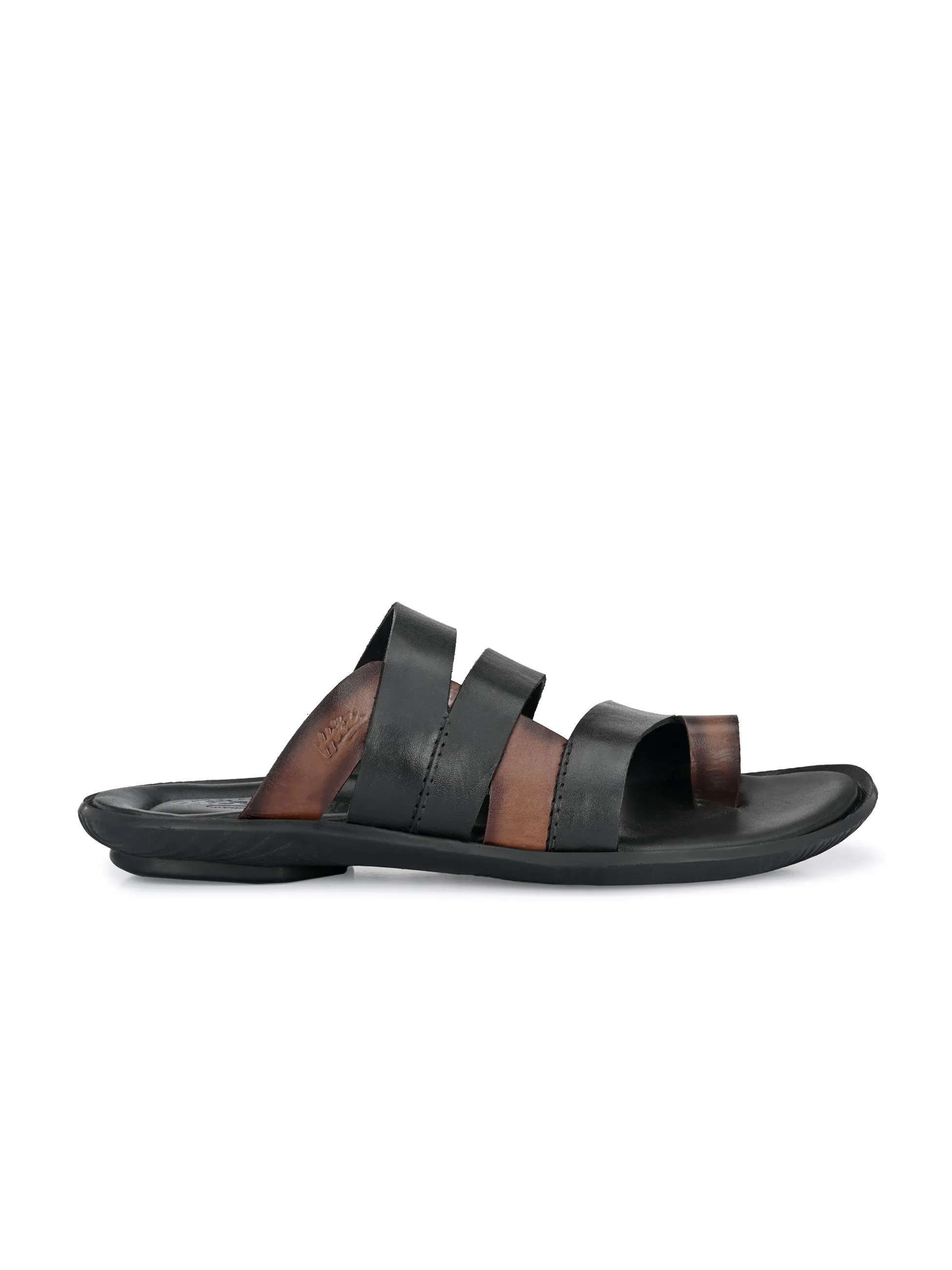 Hitz Men's Black Leather Open Toe Indoor Outdoor Comfort Slippers
