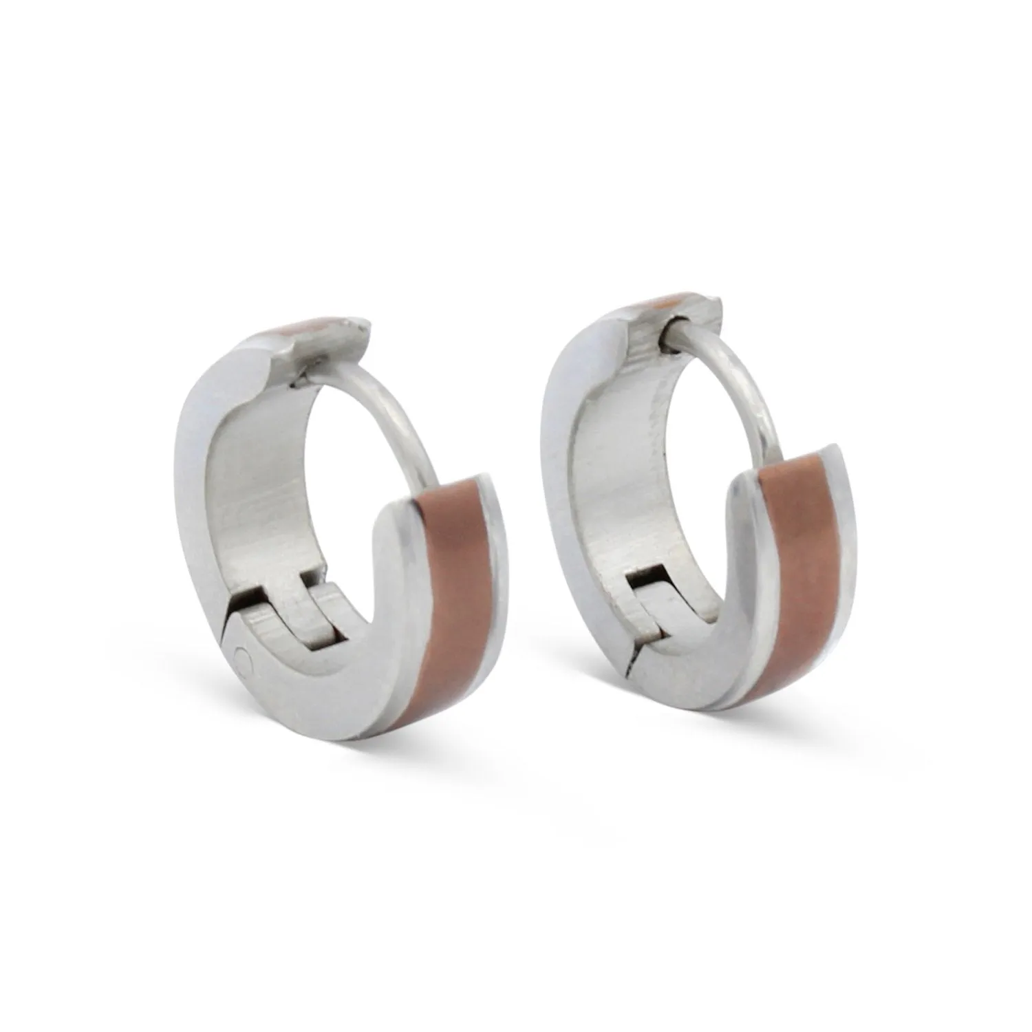 Huggie Hoop  Stainless Steel Earrings with Deep Rose Gold Stripes