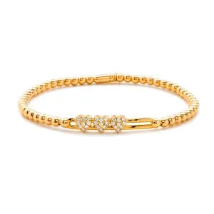 Hulchi Belluni Fidget Bracelet with Three Pave Diamond Moveable Heart Stations Yellow Gold Stretch Stackable