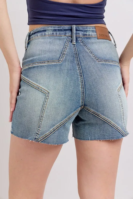 Judy Blue Plus Size High Waist Star Seam Detail Denim Shorts – Medium Wash