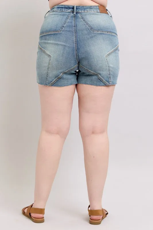 Judy Blue Plus Size High Waist Star Seam Detail Denim Shorts – Medium Wash