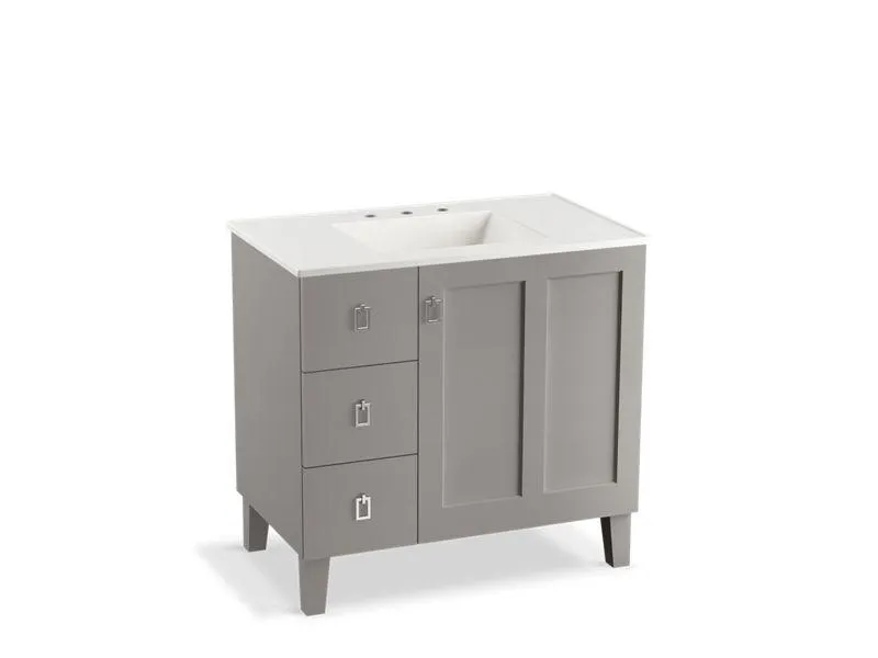 KOHLER K-99533-LGL-1WA Poplin 36" bathroom vanity cabinet with legs, 1 door and 3 drawers on left