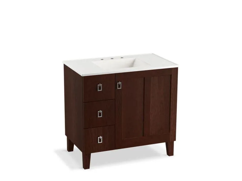 KOHLER K-99533-LGL-1WA Poplin 36" bathroom vanity cabinet with legs, 1 door and 3 drawers on left