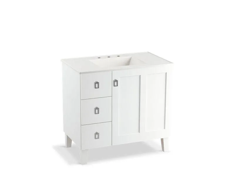 KOHLER K-99533-LGL-1WA Poplin 36" bathroom vanity cabinet with legs, 1 door and 3 drawers on left