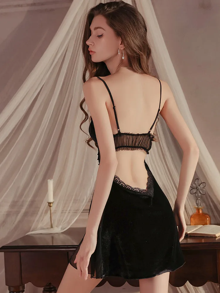 Lace Detail Velvet Slip Dress