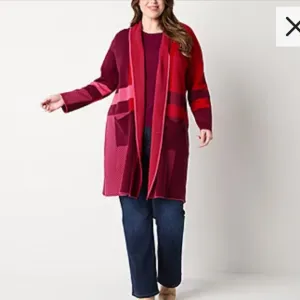 Liz Claiborne Plus Womens Long Sleeve Open Front Plaid Cardigan Cabaret Red
