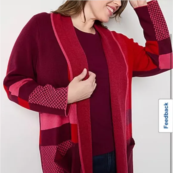 Liz Claiborne Plus Womens Long Sleeve Open Front Plaid Cardigan Cabaret Red